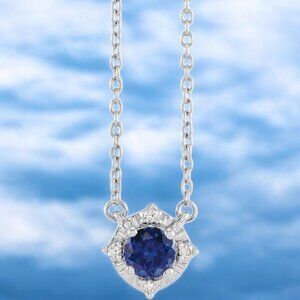 Lab Created Blue Sapphire and Diamond Halo Pendant in 925 Sterling Silver